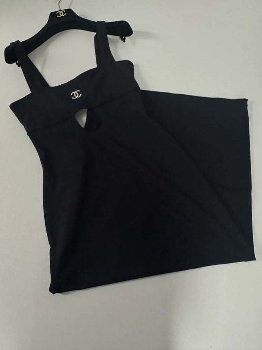 Chanel 98P Black Hollowed-Out Logo Maxi Dress