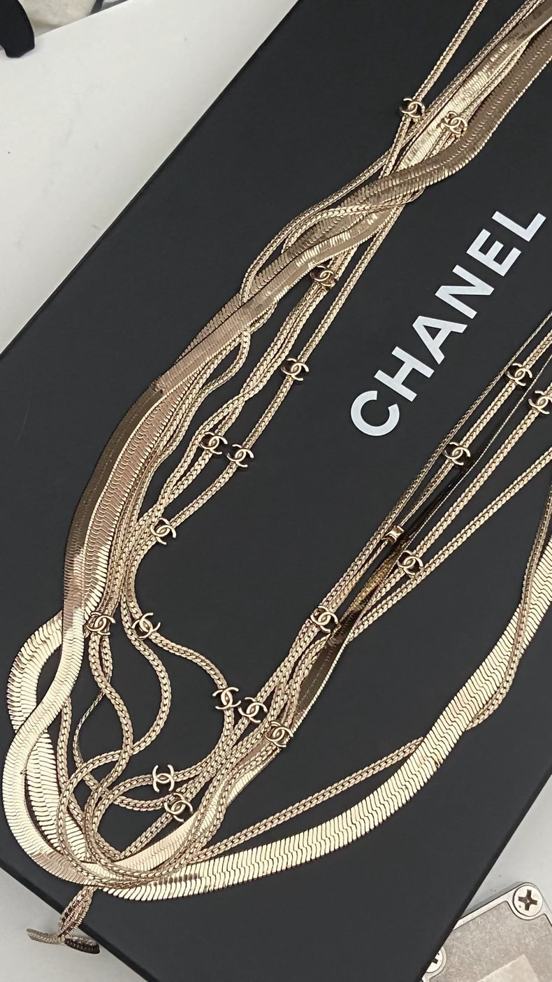 Chanel 24A light gold multi-layered snake chain necklace