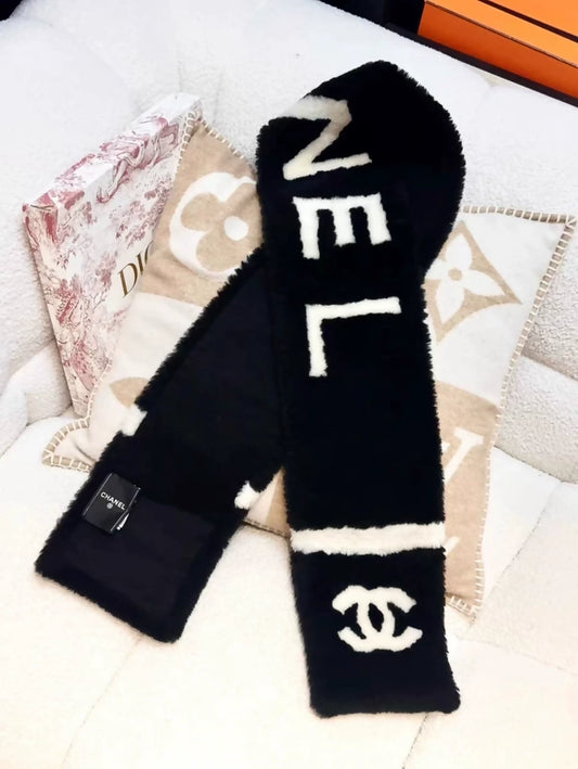 Chanel 22B Black and White Fur Scarf with Double C Logo
