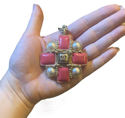 Chanel 13S XL CC Medallion Pendant Pink Coral Gripoix Pearl Gold Necklace