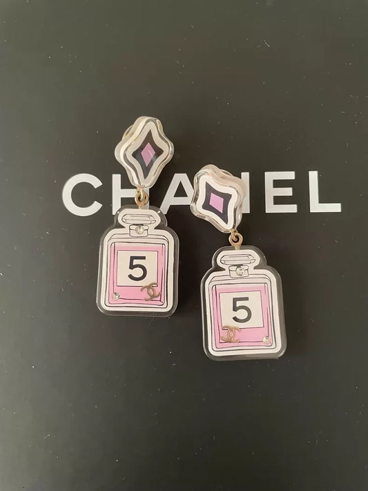 Chanel 24C Pink No. 5 Perfume Bottle Cartoon Acrylic Earrings