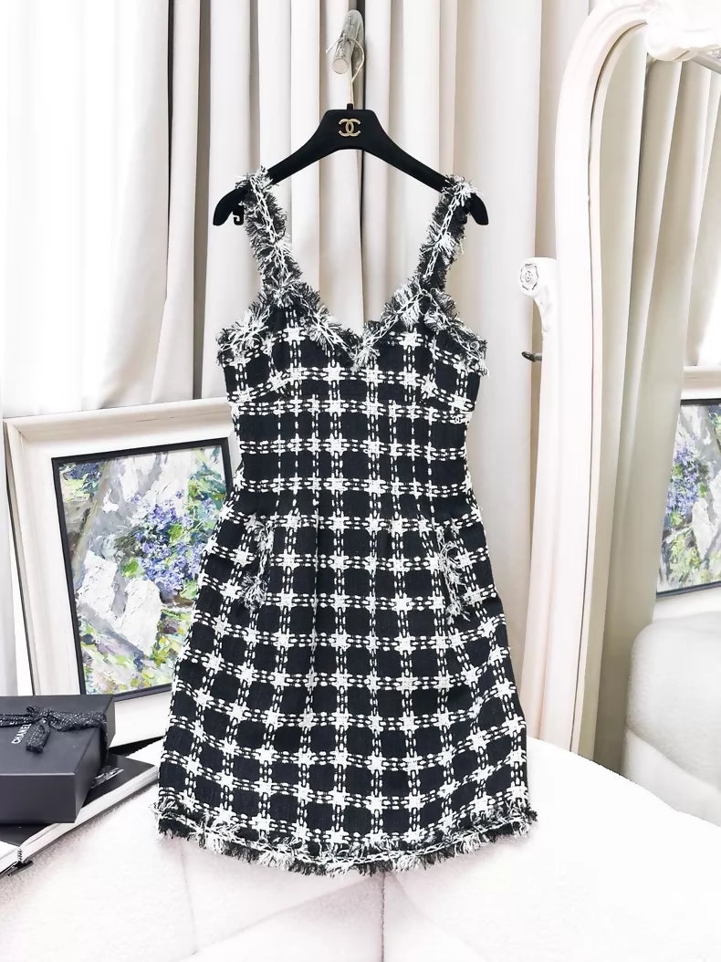 Chanel 07P black and white fringed tweed jacket & dress set