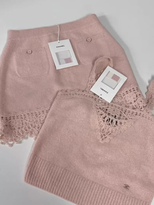Chanel 25B nude pink knit top and skirt set