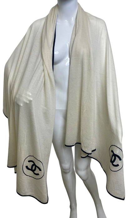 Chanel XL Ivory Black Cashmere Double CC Stole Shawl Scarf