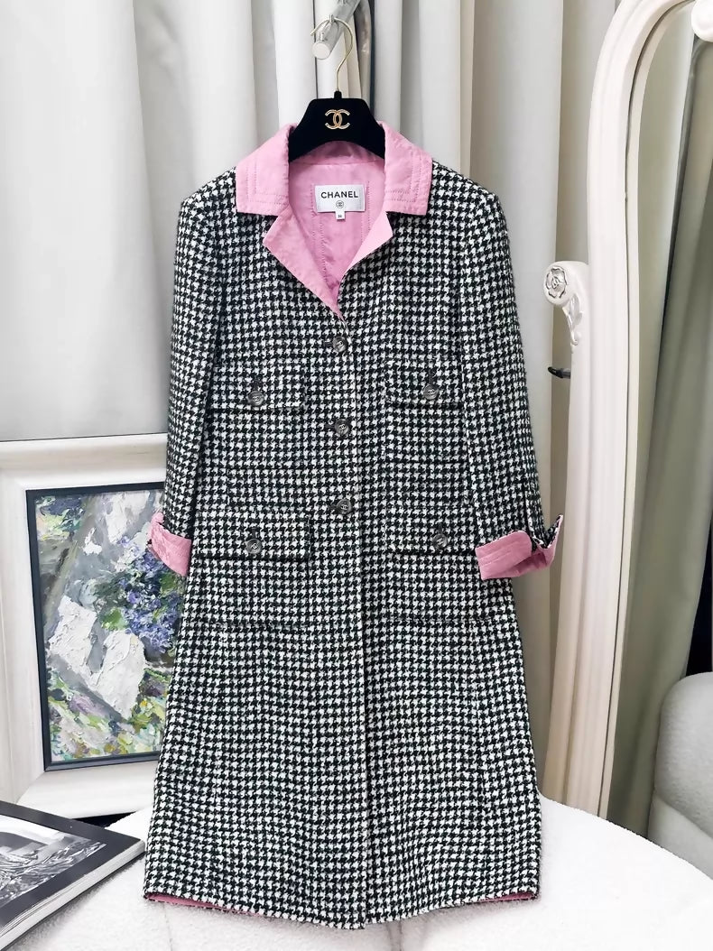 Chanel 24A black and white mixed houndstooth long coat