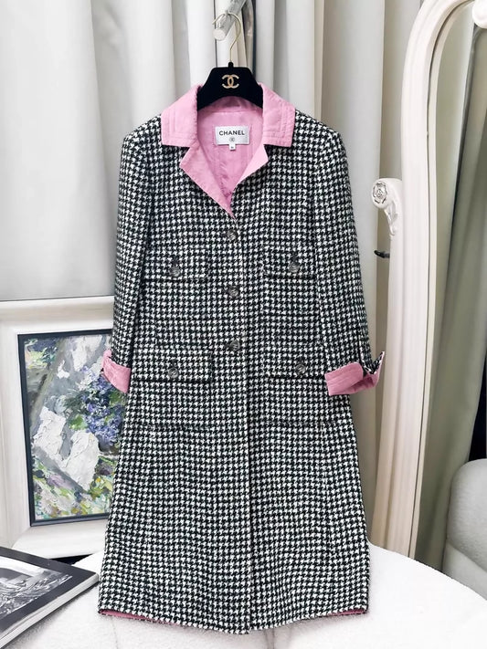 Chanel 24A black and white mixed houndstooth long coat