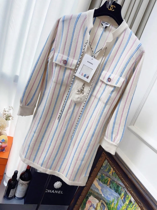 Chanel 23P ecru & multicolour cashmere dress