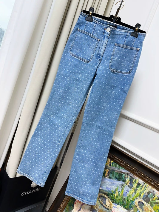 Chanel 23P light blue straight-leg jeans, all-over double C polka dot print