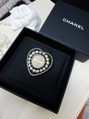 Chanel 22 Black and White Heart with Pearl and Rhinestone Double C Brooch