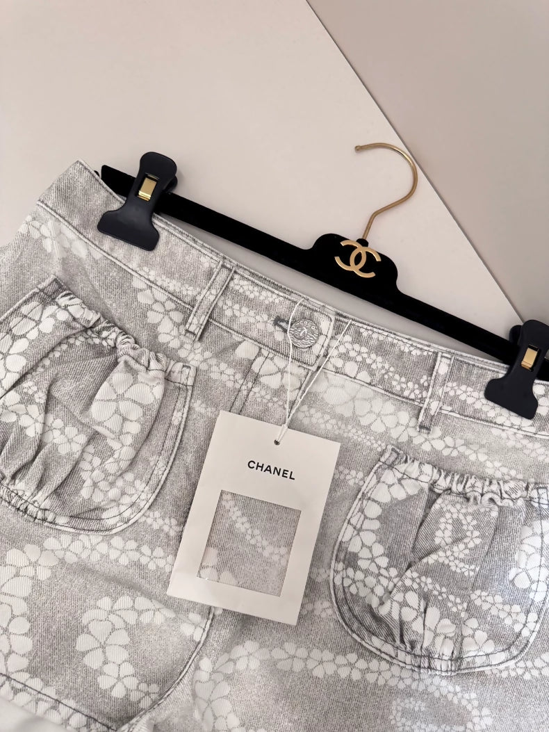 Chanel 25M Grey Pearl Denim Shorts