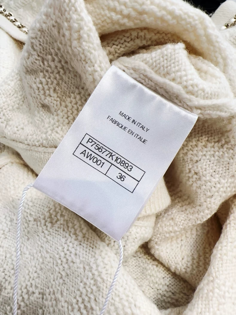 Chanel 23B off-white classic leather cashmere knit cardigan