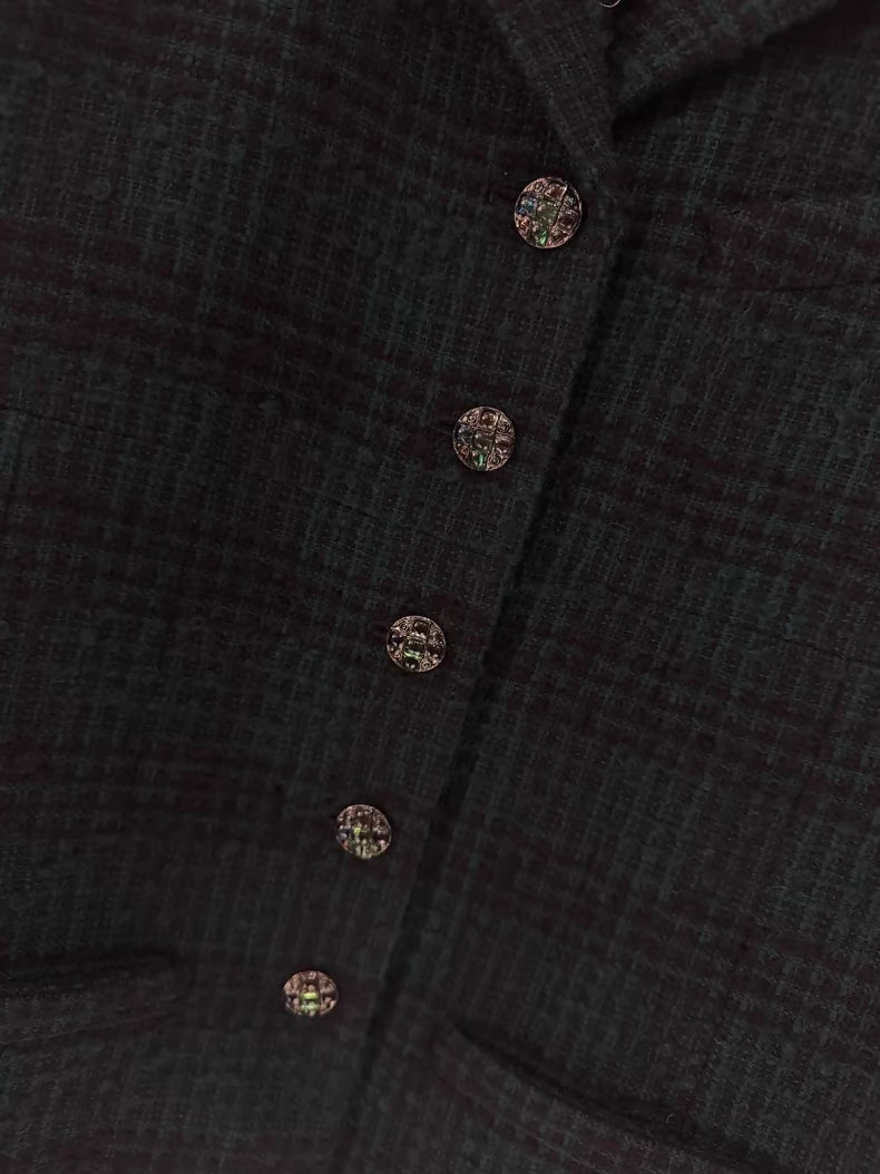 Chanel 24A dark green plaid enamel tweed jacket