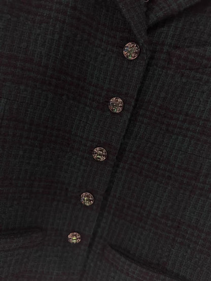 Chanel 24A dark green plaid enamel tweed jacket