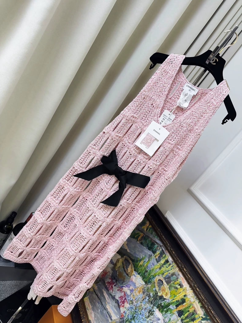 Chanel 25s pink openwork knit bow belt long dress