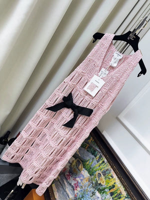 Chanel 25s pink openwork knit bow belt long dress