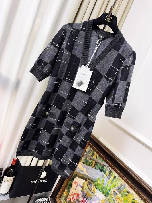Chanel 21B black and grey checkered logo cashmere knit dress