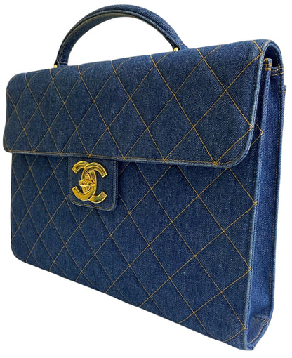 Chanel Vintage 1996 XL Blue Denim Quilted Jumbo Top Handle Briefcase Handbag