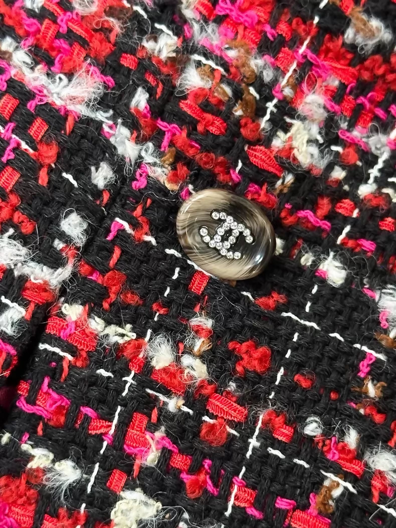 Chanel 24A red and black check tweed cape coat