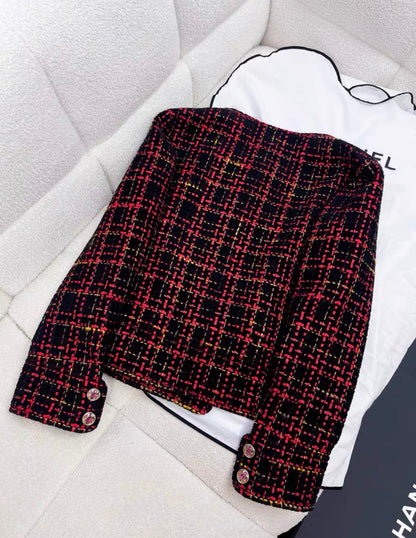 Chanel 22K red and black plaid tweed jacket