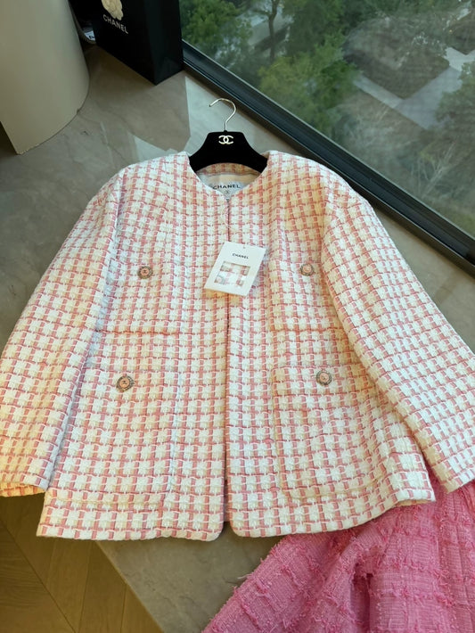 Chanel 22s pink and white checkered jacket