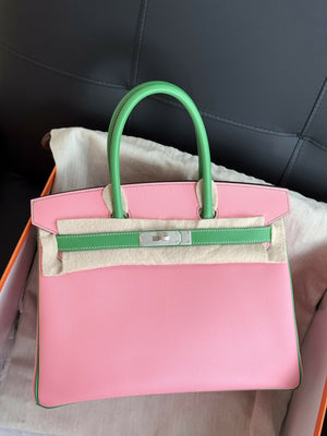 Hermès Birkin 30 Rose Sakura (3Q) & Vert Bambou Special Order (HSS) Epsom Leather with Brushed Palladium Hardware
