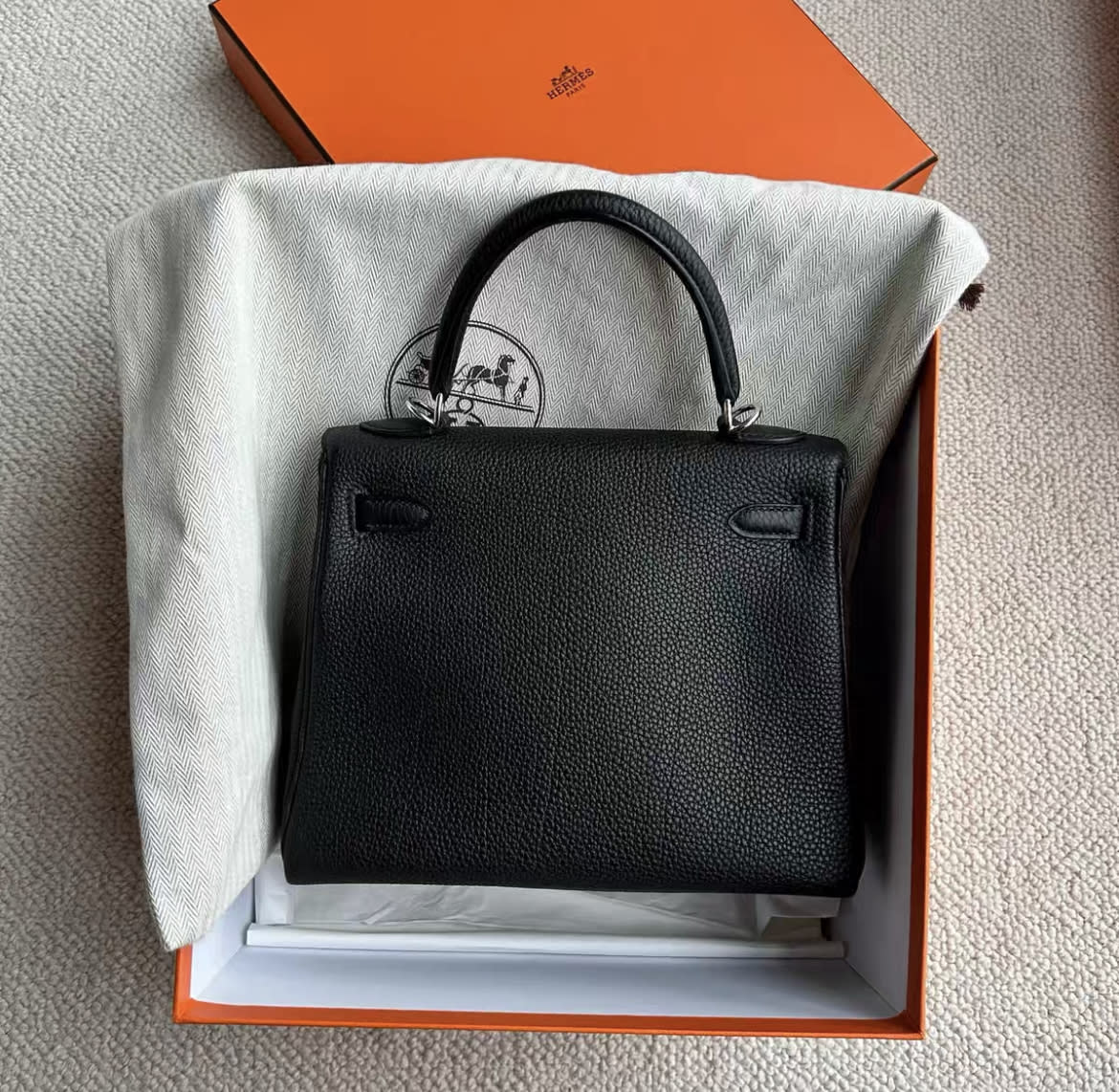 Hermes Kelly 25 black togo leather palladium hardware