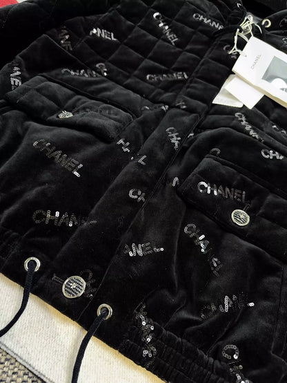 Chanel 22B black velvet sequined logo embroidered jacket