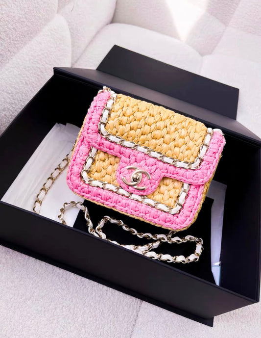 CHANEL Rare Chanel 24C Mini Flap Bag Pink Raffia Effect Braid/Metal - Mini Mini Bag - Used fashion item from Wararni