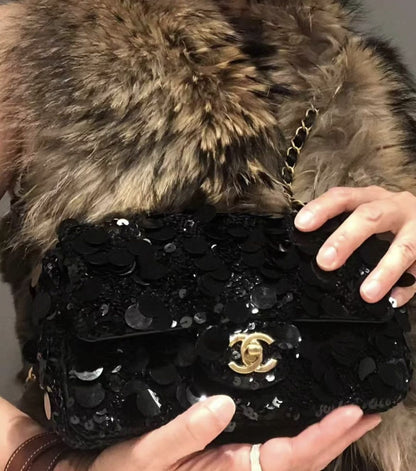 Chanel 22 black sequin cf large mini chain bag