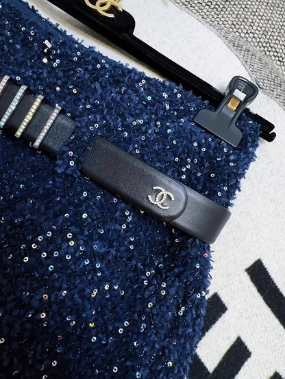 Chanel 17k Deep Blue Glam Skirt with Belt
