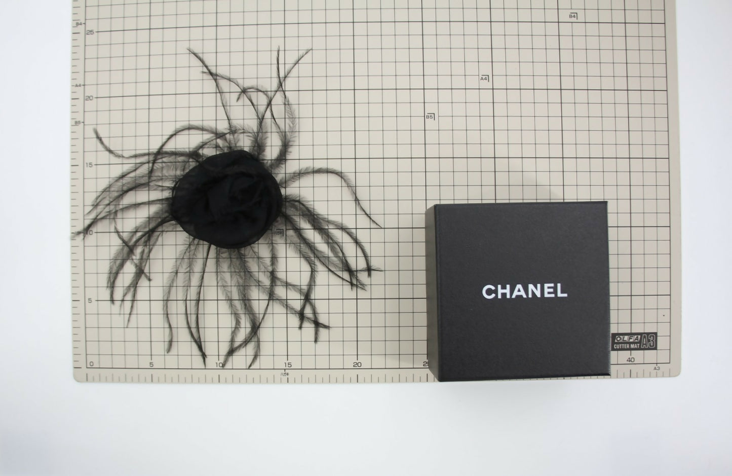 Chanel Vintage 81-85 Tulle Feather Black Camellia Silk Brooch