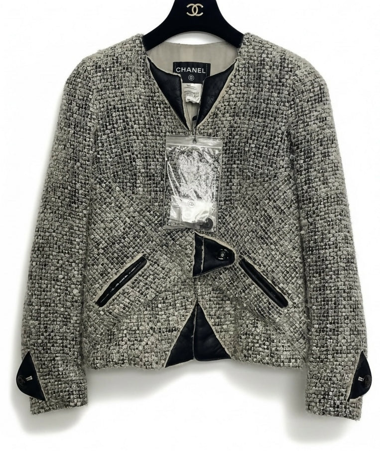 Chanel 10A Shanghai Shearling Tweed CC Grey Black Jacket Coat FR 36