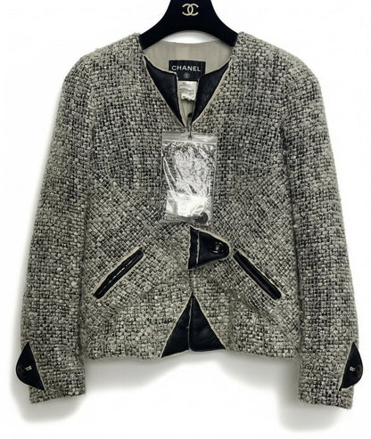 Chanel 10A Shanghai Shearling Tweed CC Grey Black Jacket Coat FR 36