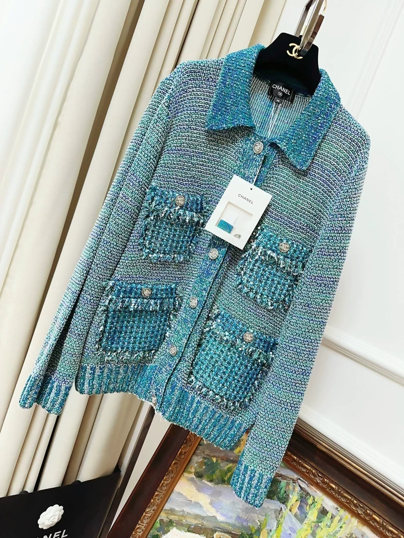 Chanel 23P light blue sequined four-pocket knit cardigan