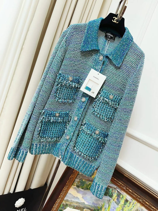 Chanel 23P light blue sequined four-pocket knit cardigan