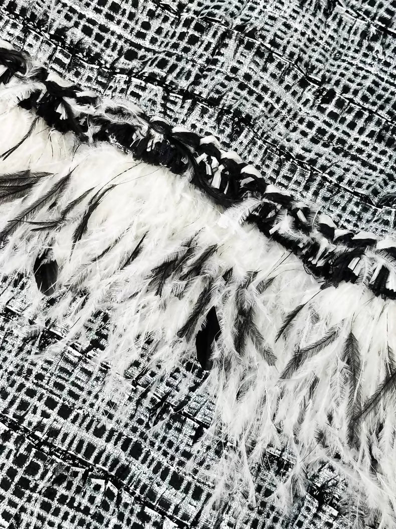 Chanel 2011 black and white tweed & feathers dress