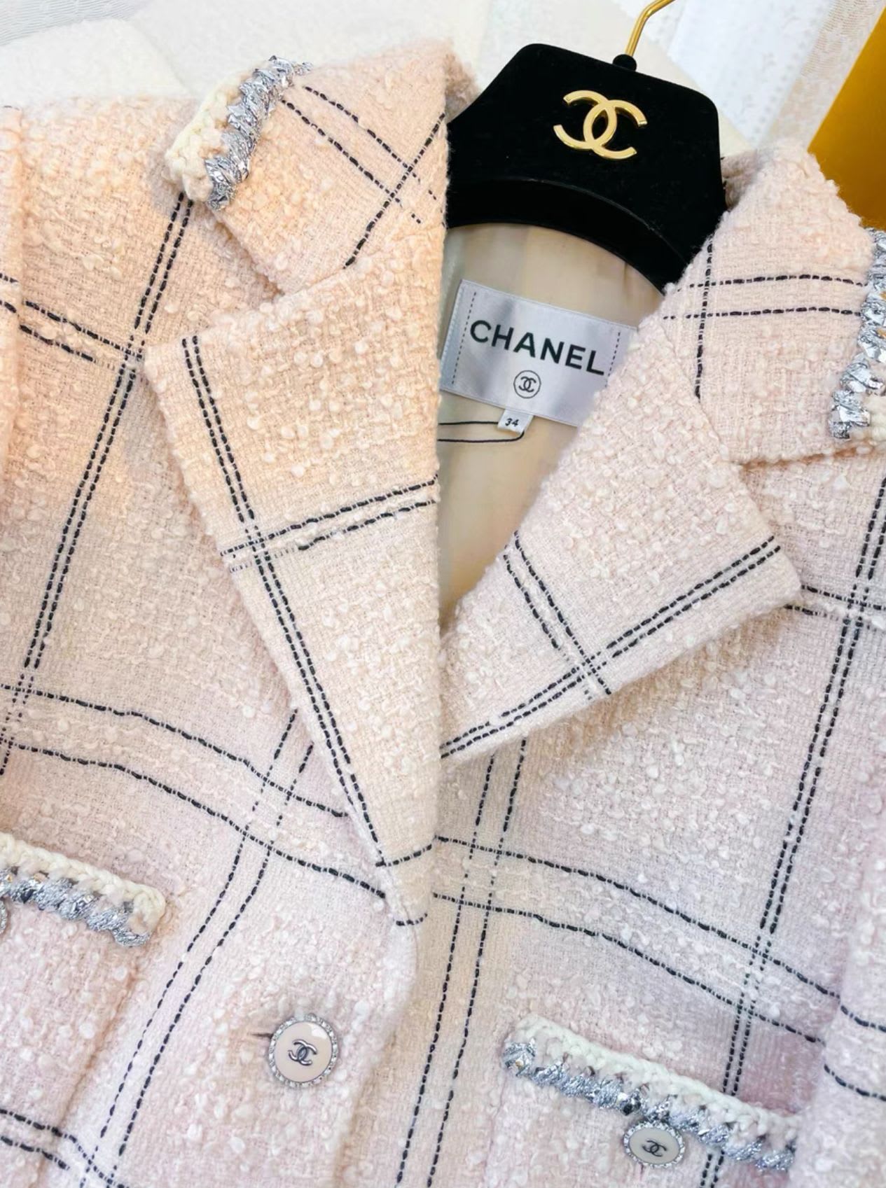 Chanel 21 nude pink silver plaid jacket