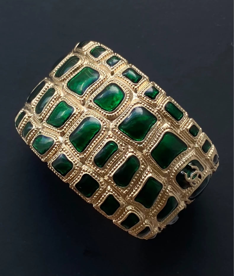 Chanel 2019 Wide Bangle in Green Enamel Heavy Craftsmanship