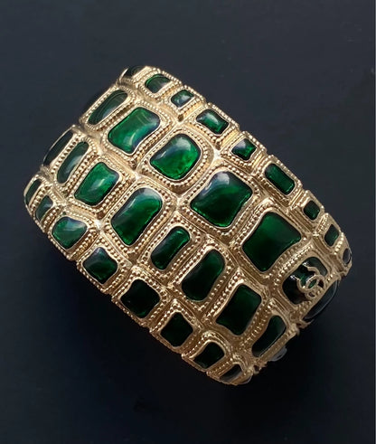 Chanel 2019 Wide Bangle in Green Enamel Heavy Craftsmanship