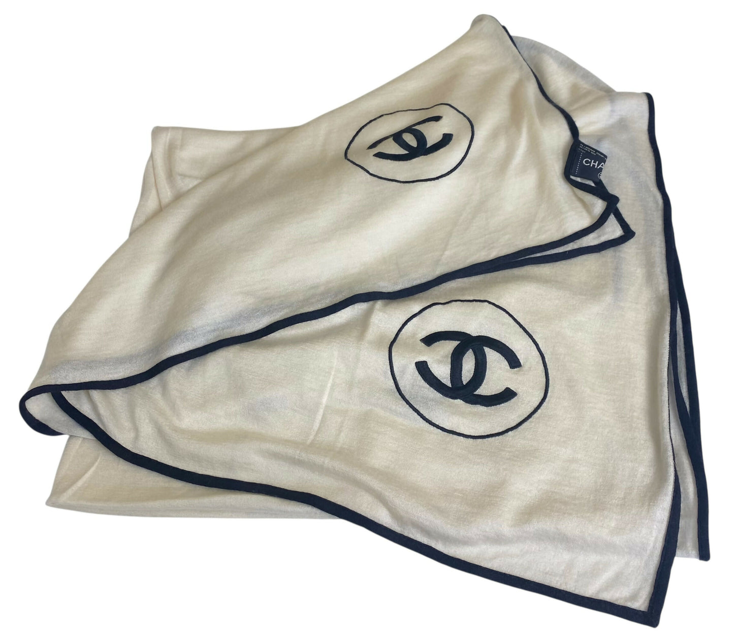Chanel XL Ivory Black Cashmere Double CC Stole Shawl Scarf