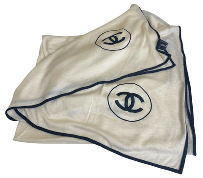Chanel XL Ivory Black Cashmere Double CC Stole Shawl Scarf