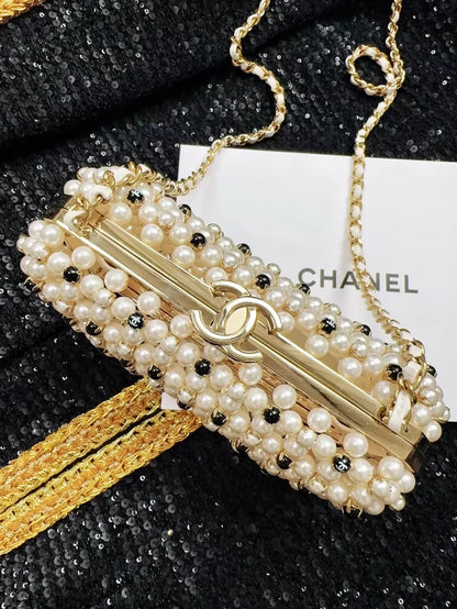 Chanel 23S black and white gold metallic pearls, chain bag