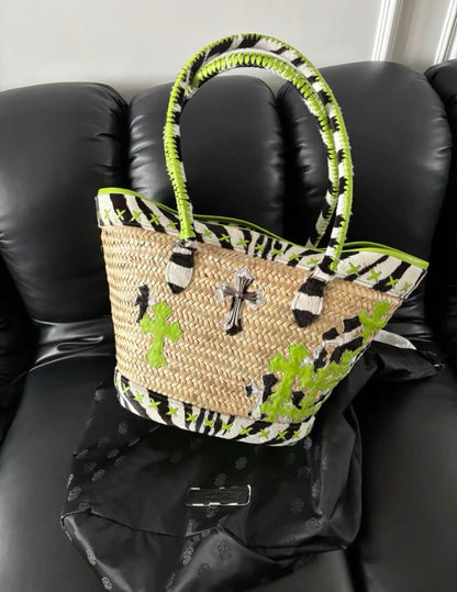 Chrome Hearts Chrome Hearts limited edition green woven raffia bag - Big Tote Bag - Vintage fashion from Wararni