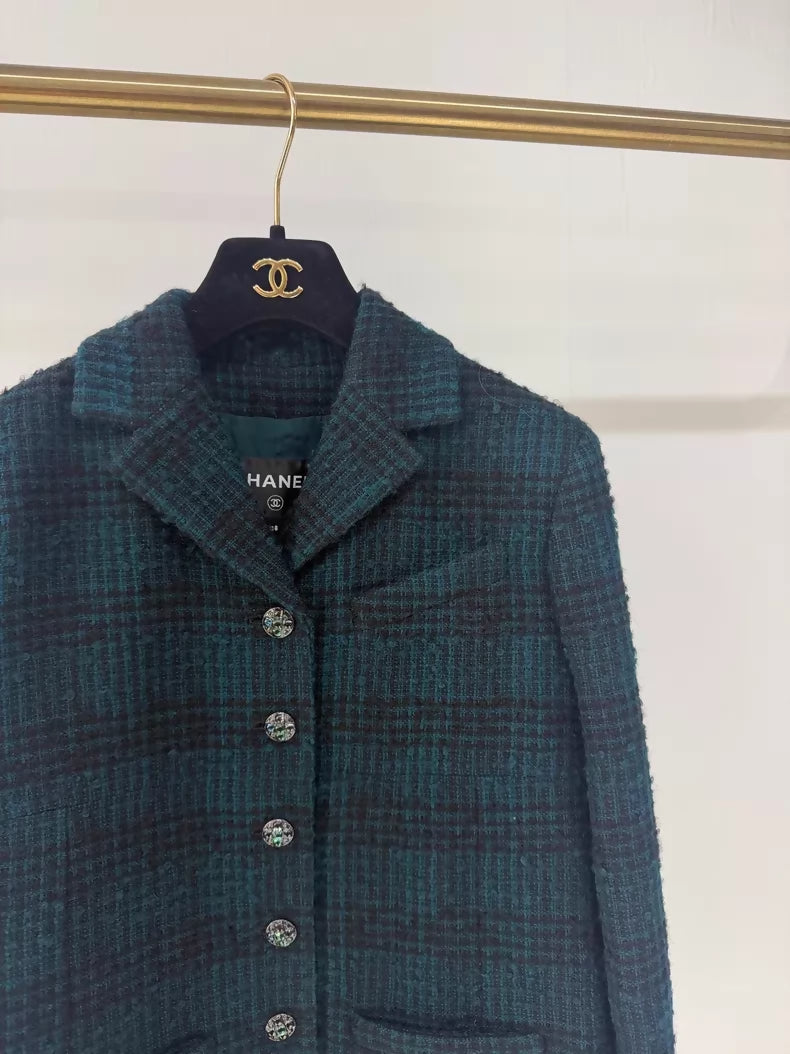 Chanel 24A dark green plaid enamel tweed jacket