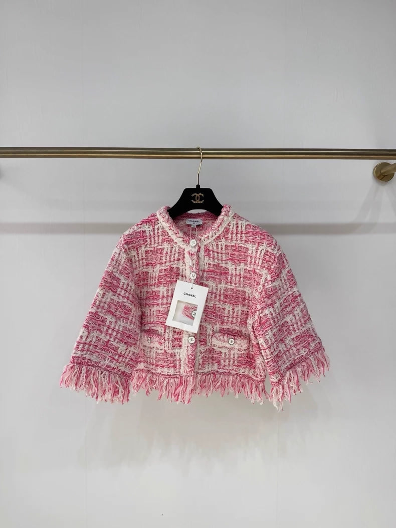 Chanel 24P pink and white tweed fringed jacket