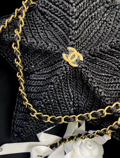 Chanel Star Coco Beach Bag Black Raffia Aged Gold Hardware