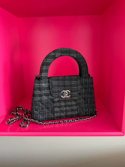 Chanel 24A black and grey plaid denim Kelly