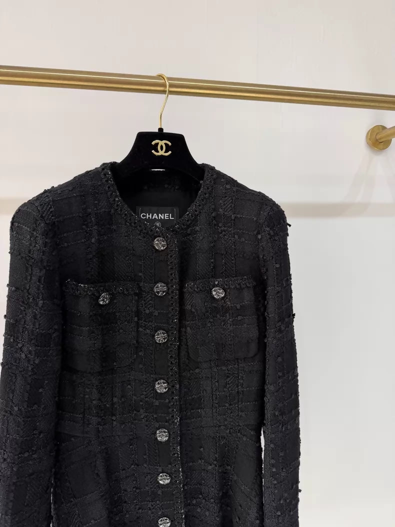 Chanel 23S Black Tweed Long Coat