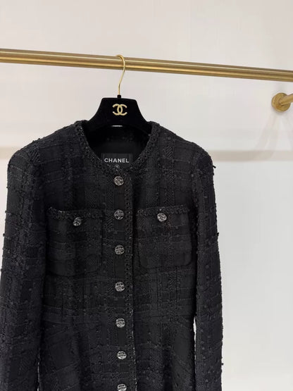 Chanel 23S Black Tweed Long Coat