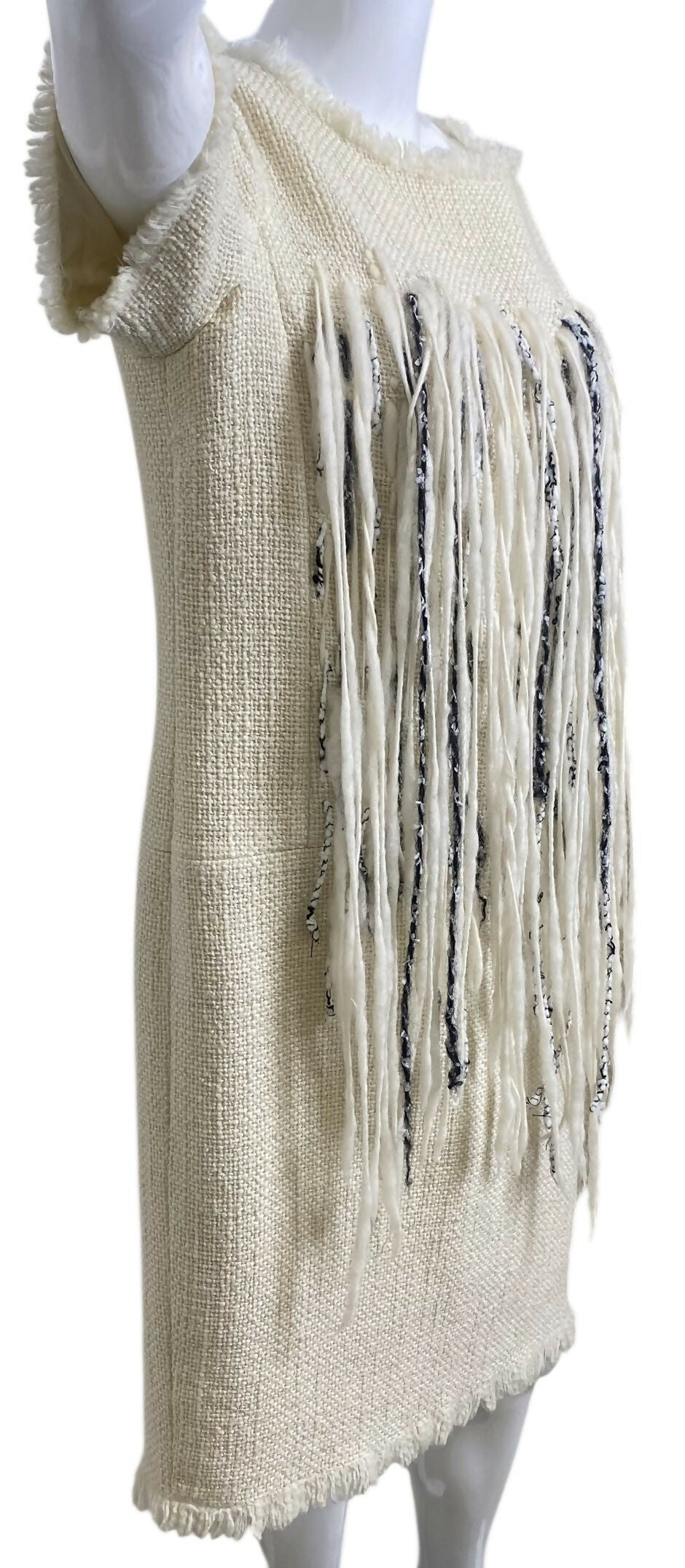 Chanel 10A ‘Arctic Ice’ Micro Pearl Beaded Fringe Ivory Tweed Shift Dress FR 44